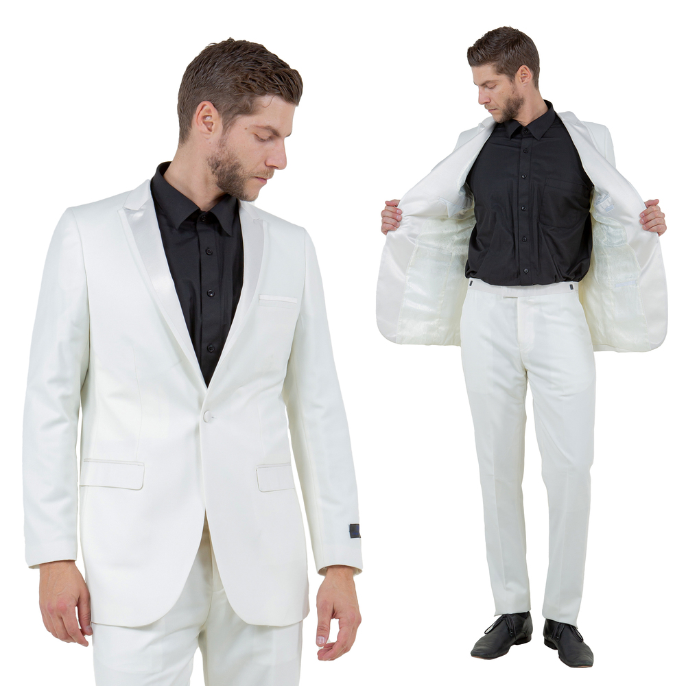 Slim Fit 2pc Tuxedo w/ Satin Peak Lapel by Bryan Michaels, Off White
